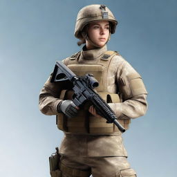 A realistic image of a female soldier wearing a transparent uniform and holding a rifle