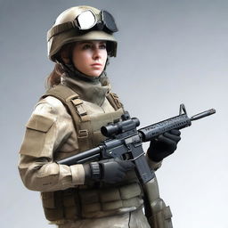 A realistic image of a female soldier wearing a transparent uniform and holding a rifle