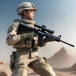 A realistic image of a female soldier wearing a transparent uniform and holding a rifle