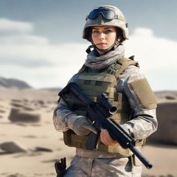 A realistic image of a female soldier wearing a transparent uniform and holding a rifle