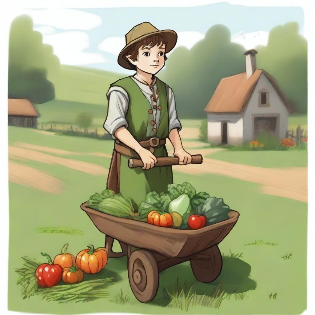 A young halfling farmer cleric pushing a wheelbarrow filled with freshly harvested vegetables