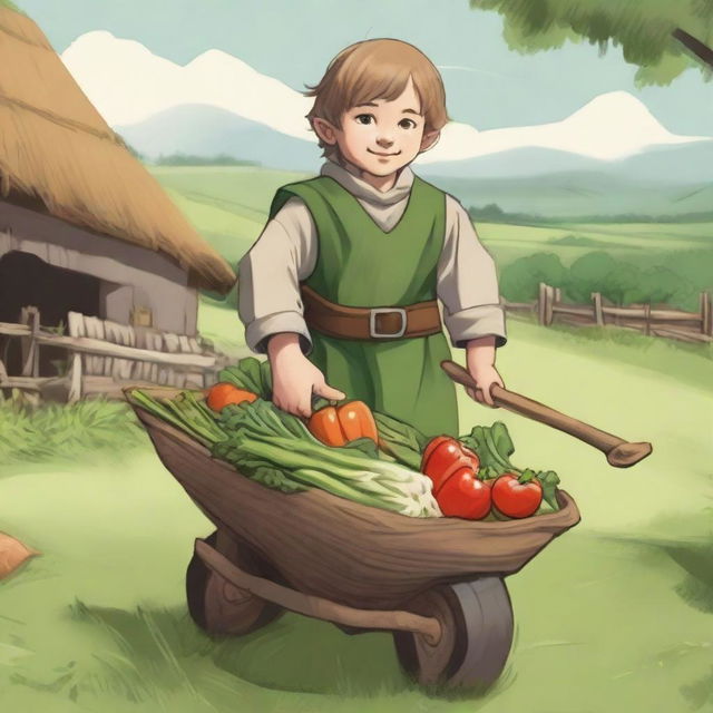 A young halfling farmer cleric pushing a wheelbarrow filled with freshly harvested vegetables