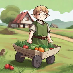 A young halfling farmer cleric pushing a wheelbarrow filled with freshly harvested vegetables