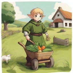 A young halfling farmer cleric pushing a wheelbarrow filled with freshly harvested vegetables