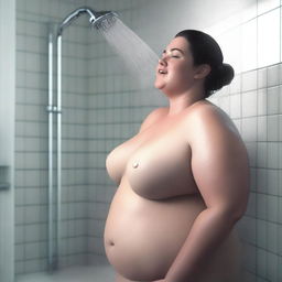 A realistic image of a plus-size woman taking a shower