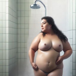 A realistic image of a plus-size woman taking a shower