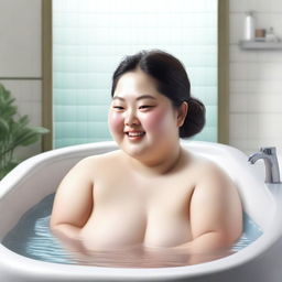 A realistic image of a chubby Korean woman taking a bath