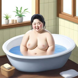 A realistic image of a chubby Korean woman taking a bath