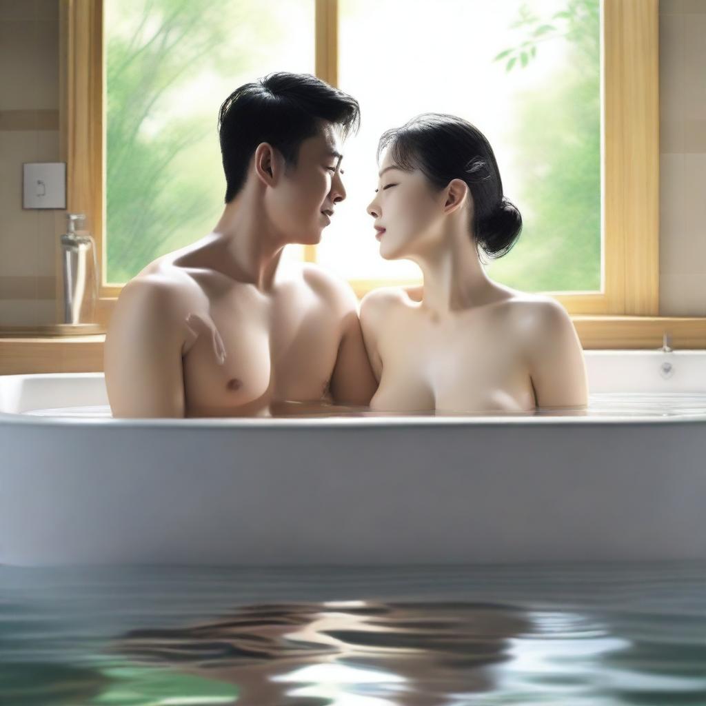 A realistic image of a Korean man and woman taking a bath together