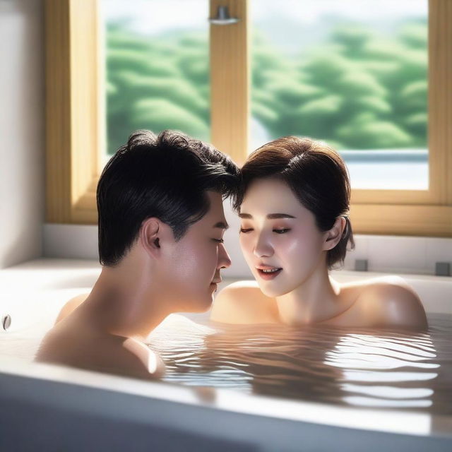 A realistic image of a Korean man and woman taking a bath together