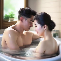 A realistic image of a Korean man and woman taking a bath together