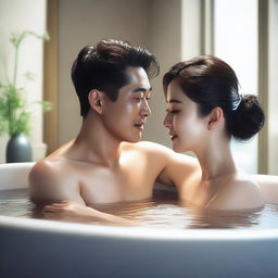 A realistic image of a Korean man and woman taking a bath together