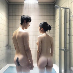 A realistic image of a Korean man and woman standing together while taking a shower