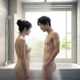 A realistic image of a Korean man and woman standing together while taking a shower