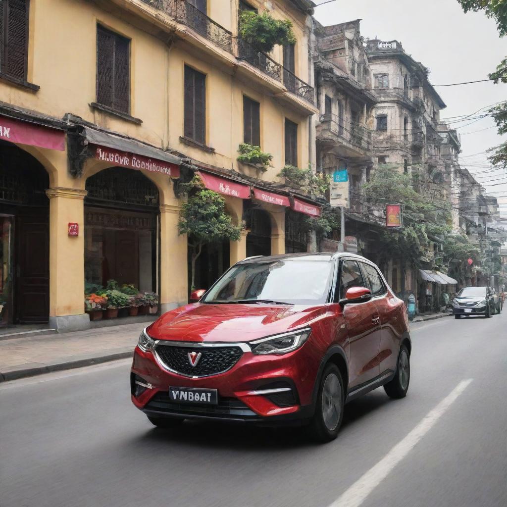 A modern VinFast electric car cruising on the bustling streets of Hanoi, passing by historical landmarks, local vendors, and the vibrant city life.