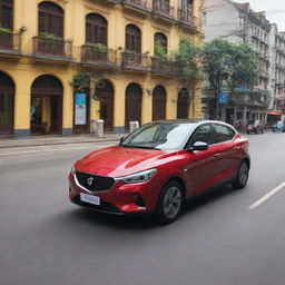 A modern VinFast electric car cruising on the bustling streets of Hanoi, passing by historical landmarks, local vendors, and the vibrant city life.