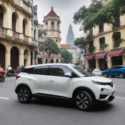 A modern VinFast electric car cruising on the bustling streets of Hanoi, passing by historical landmarks, local vendors, and the vibrant city life.