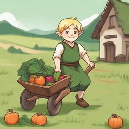 A young blonde halfling farmer cleric pushing a wheelbarrow filled with freshly harvested vegetables