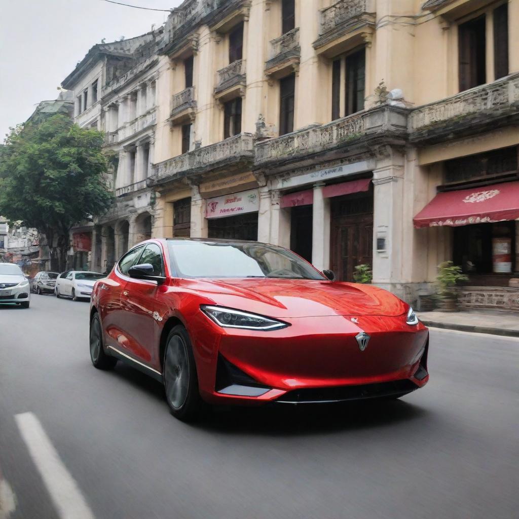 A modern VinFast electric car cruising on the bustling streets of Hanoi, passing by historical landmarks, local vendors, and the vibrant city life.