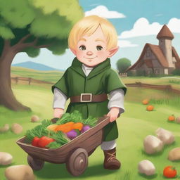 A young blonde halfling farmer cleric pushing a wheelbarrow filled with freshly harvested vegetables