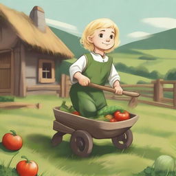 A young blonde halfling farmer cleric pushing a wheelbarrow filled with freshly harvested vegetables