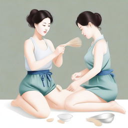 Two Korean women cleaning their bodies. Realistic image.