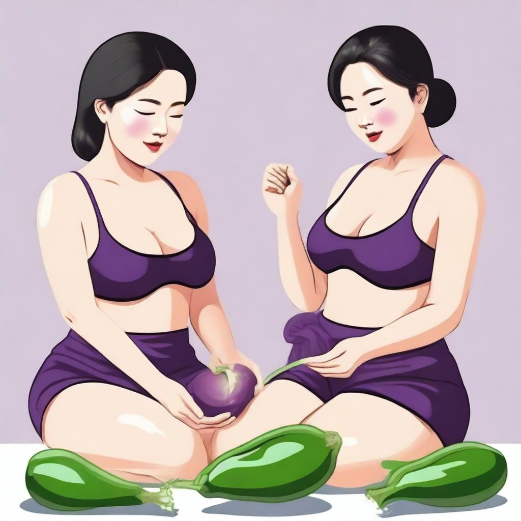 Two Korean women cleaning their bodies with an eggplant. Realistic image.