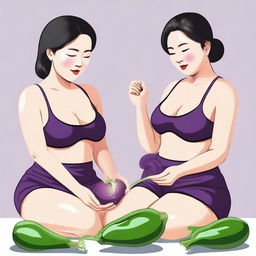 Two Korean women cleaning their bodies with an eggplant. Realistic image.