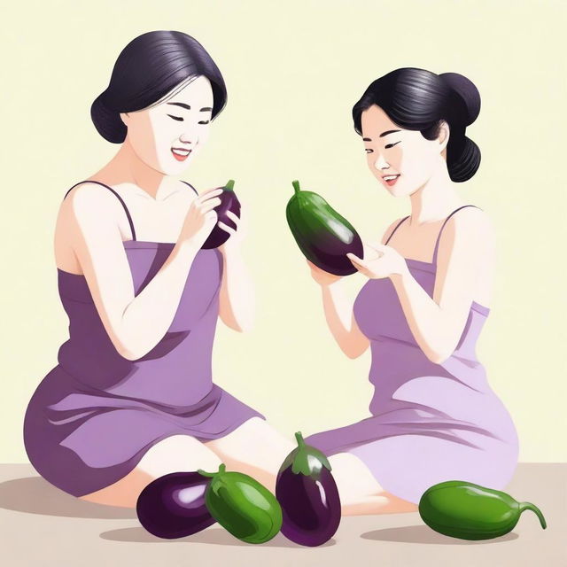 Two Korean women cleaning their bodies with an eggplant. Realistic image.