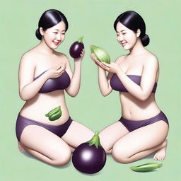 Two Korean women cleaning their bodies with an eggplant. Realistic image.