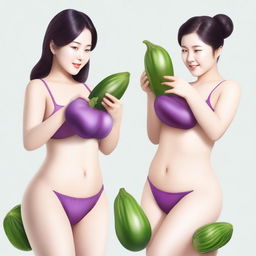 Two Korean women cleaning their bodies with an eggplant. Realistic image.