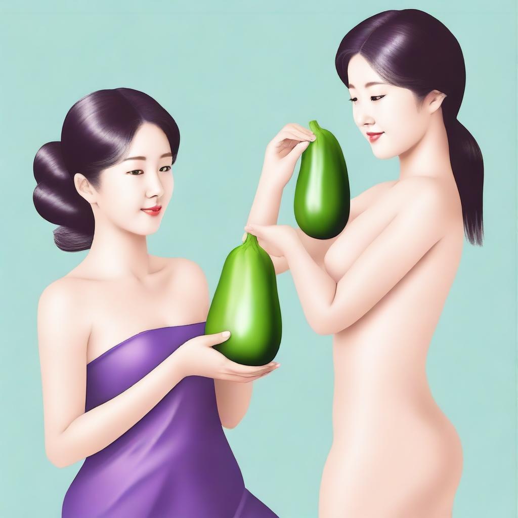 Two Korean women cleaning their bodies while holding an eggplant. Realistic image.