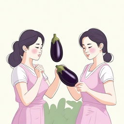 Two Korean women cleaning their bodies while holding an eggplant. Realistic image.
