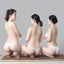 Two Korean women and one Korean man cleaning their bodies. Realistic image.