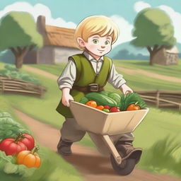 A young blonde halfling farmer boy cleric pushing a wheelbarrow filled with freshly harvested vegetables