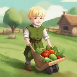 A young blonde halfling farmer boy cleric pushing a wheelbarrow filled with freshly harvested vegetables