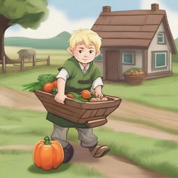 A young blonde halfling farmer boy cleric pushing a wheelbarrow filled with freshly harvested vegetables