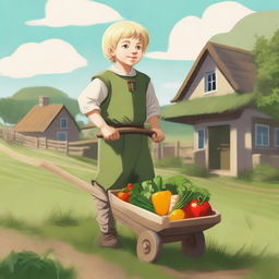 A young blonde halfling farmer boy cleric pushing a wheelbarrow filled with freshly harvested vegetables