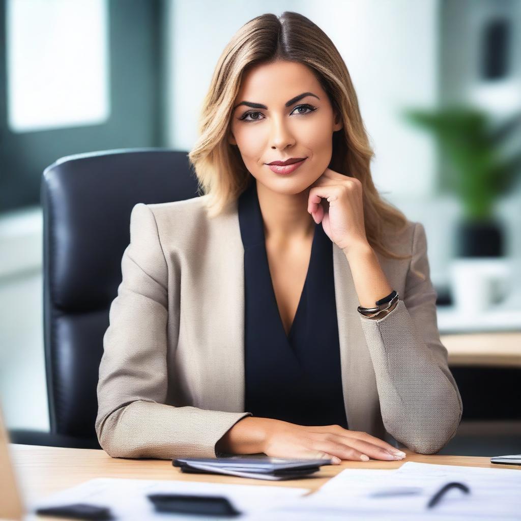 A stylish and attractive woman working in a modern office setting, dressed in professional attire