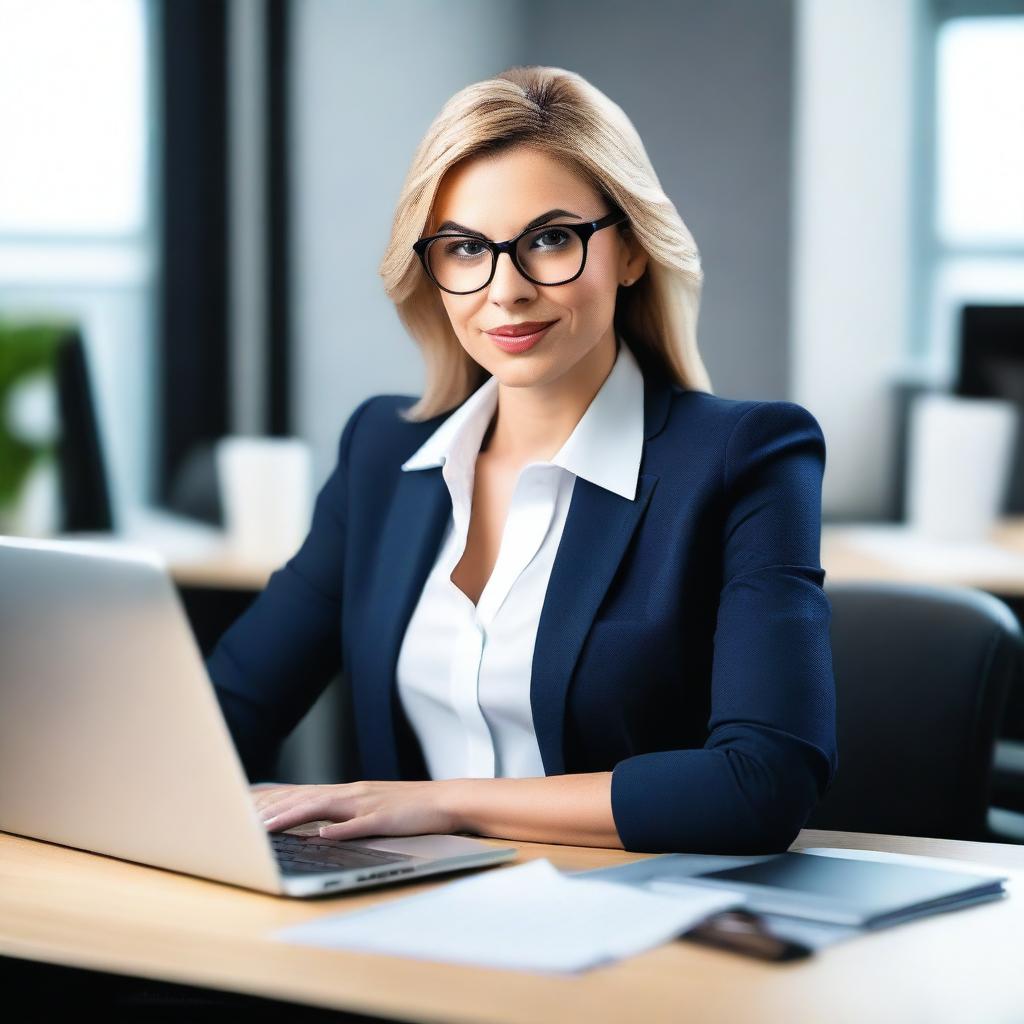 A stylish and attractive woman working in a modern office setting, dressed in professional attire