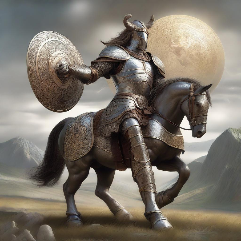 A male centaur in heavy plate armour wielding a shield in each hand