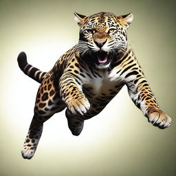 A realistic illustration of a male jaguar in mid-jump