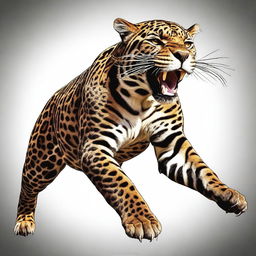 A realistic illustration of a male jaguar in mid-jump