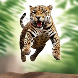 A realistic illustration of a male jaguar in mid-jump