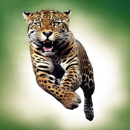 A realistic illustration of a male jaguar in mid-jump