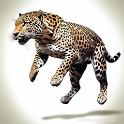 A realistic illustration of a male jaguar jumping, shown in profile with a full body view