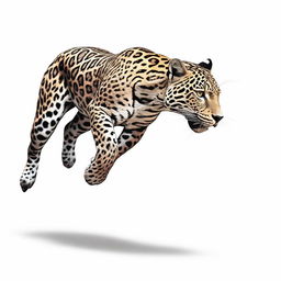 A realistic illustration of a male jaguar jumping, shown in profile with a full body view