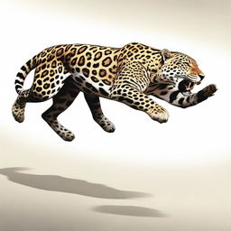 A realistic illustration of a male jaguar jumping, shown in profile with a full body view