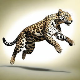 A realistic illustration of a male jaguar jumping, shown in profile with a full body view