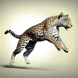 A realistic illustration of a male jaguar in mid-leap, shown in profile with a full body view